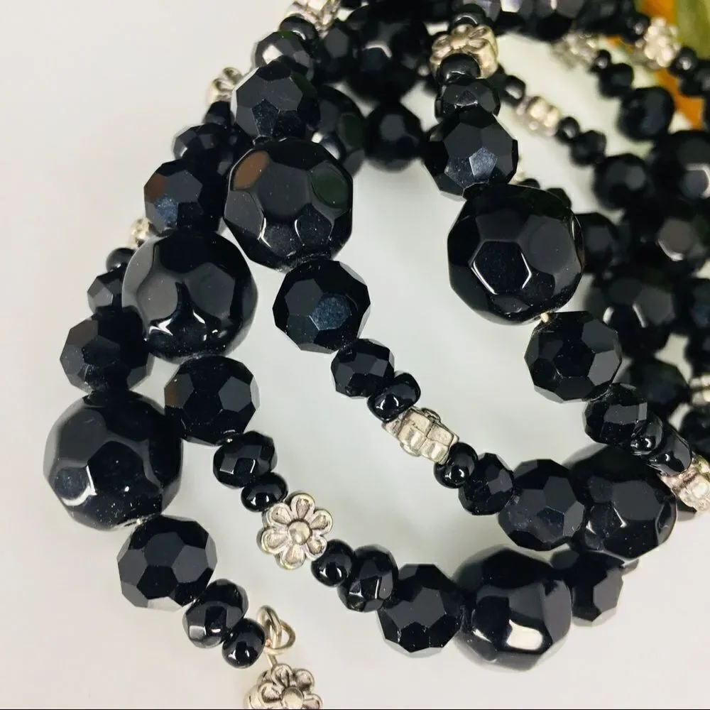 Vintage Faceted Black Beads silver Flower Wrap Around Bracelet 4424